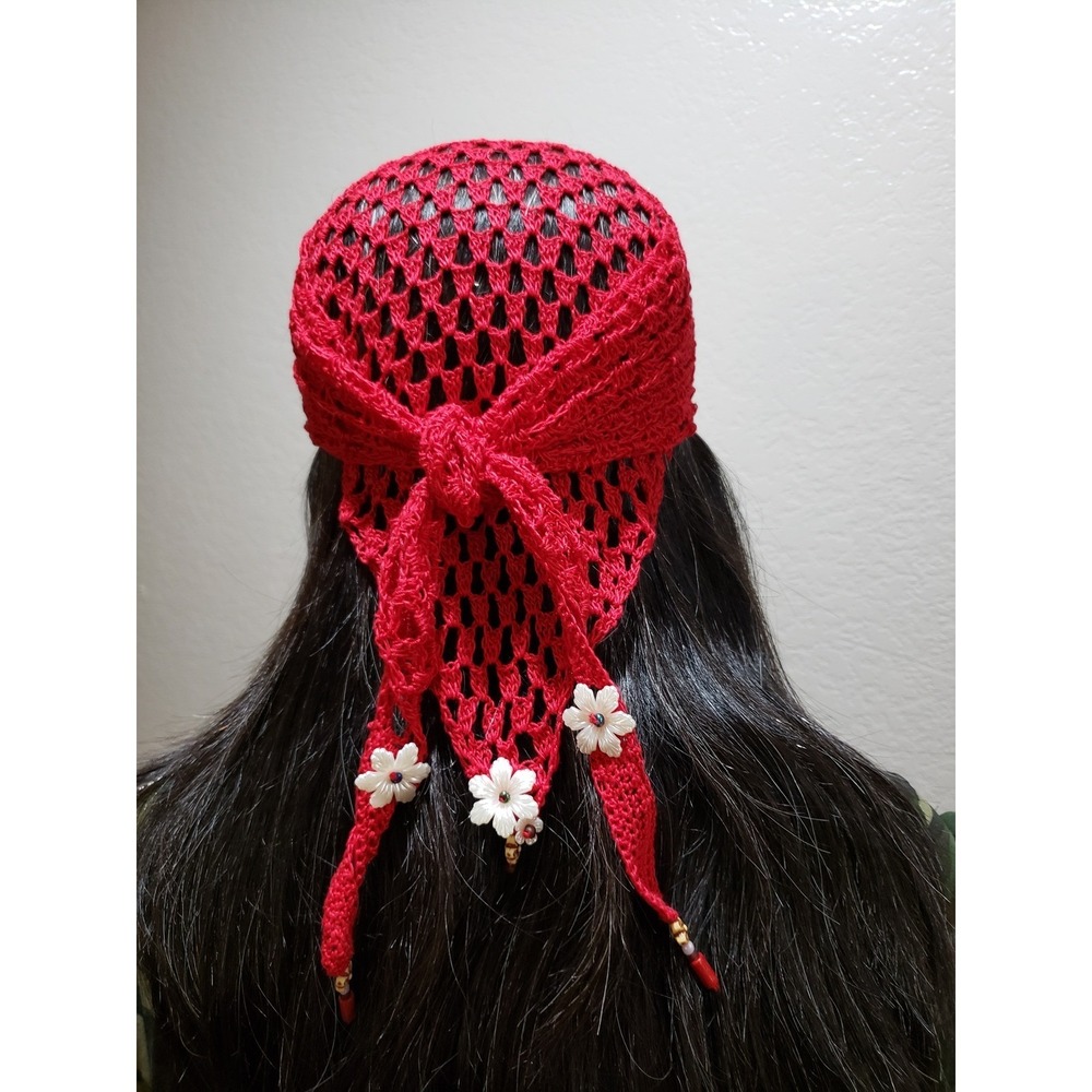 Handmade Crochet Knit Bandana Cottage Mystic Fairy Boho Coquette Bead Flower Red